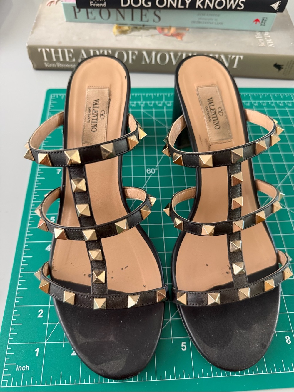 Valentino Black Leather Rockstud Multi-Strap Heeled Sandals
